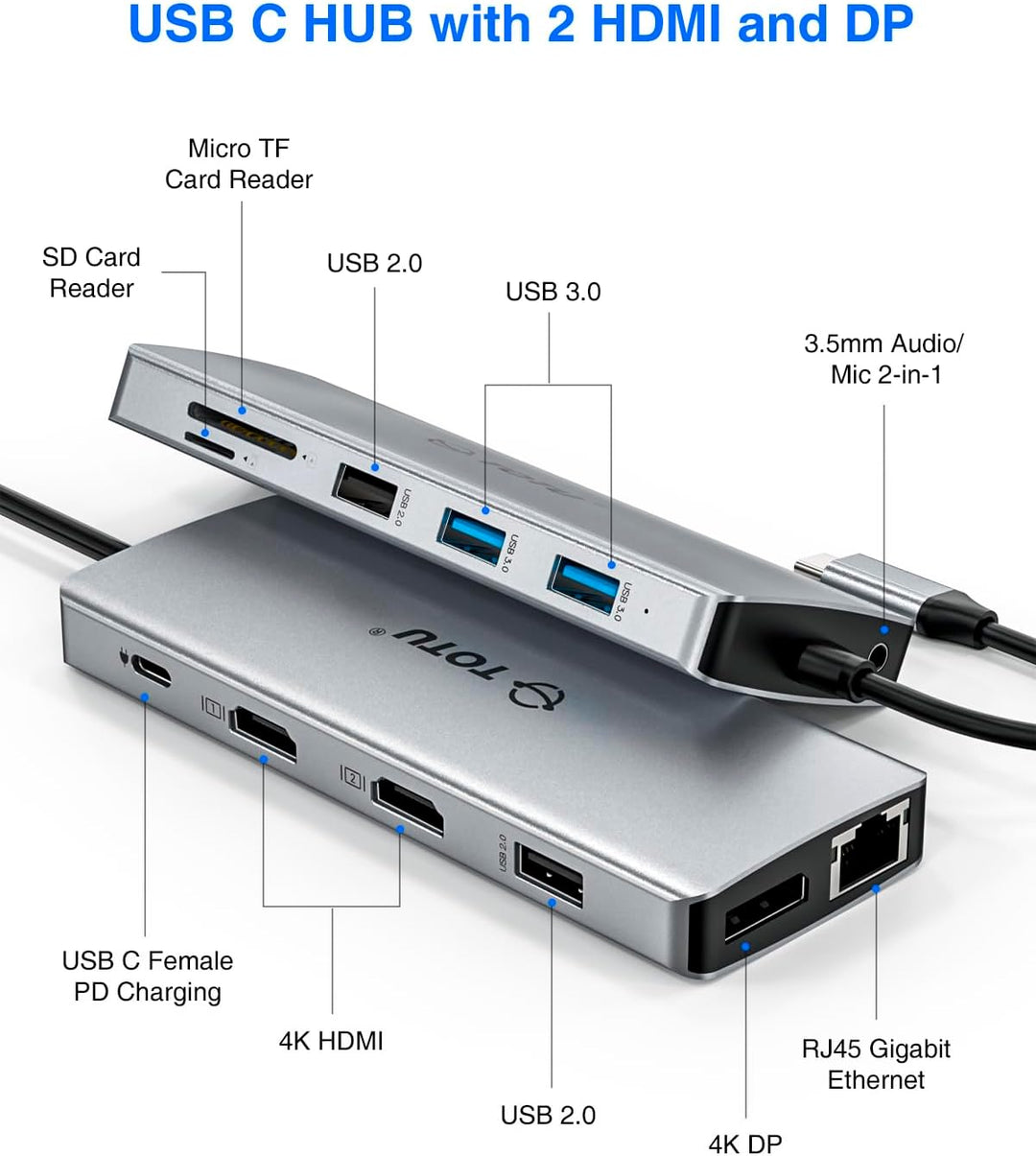 USB C HUB, TOTU 13-in-1 Docking Station (4K Dual HDMI & DP, 75W PD), Triple Displays für USB C Windo