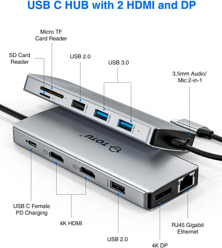 USB C HUB, TOTU 13-in-1 Docking Station (4K Dual HDMI & DP, 75W PD), Triple Displays für USB C Windo