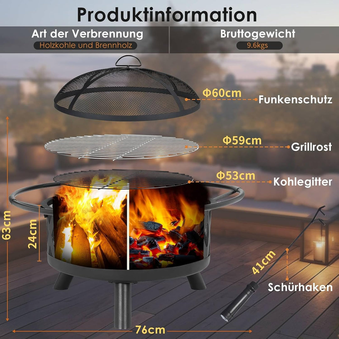Feuerschale, Ø 76cm Feuerkorb mit Funkenschutz und Schürhaken, Feuerschalen für den Garten Gross, Fe