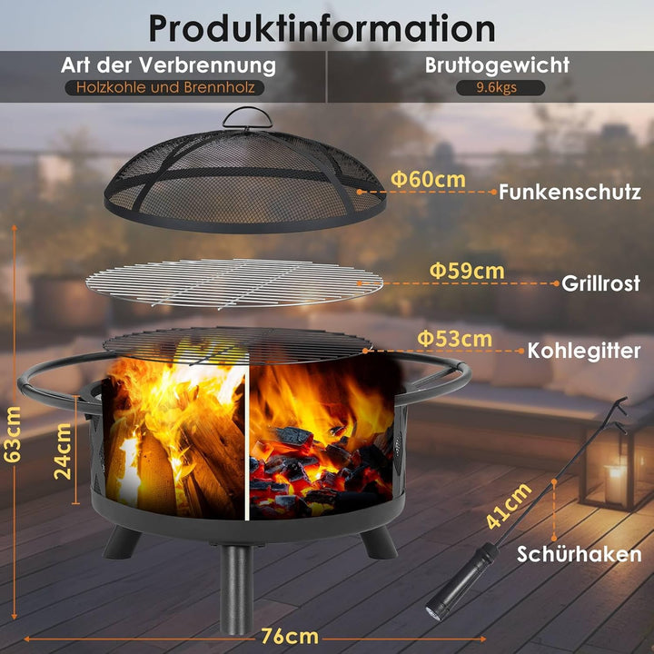 Feuerschale, Ø 76cm Feuerkorb mit Funkenschutz und Schürhaken, Feuerschalen für den Garten Gross, Fe
