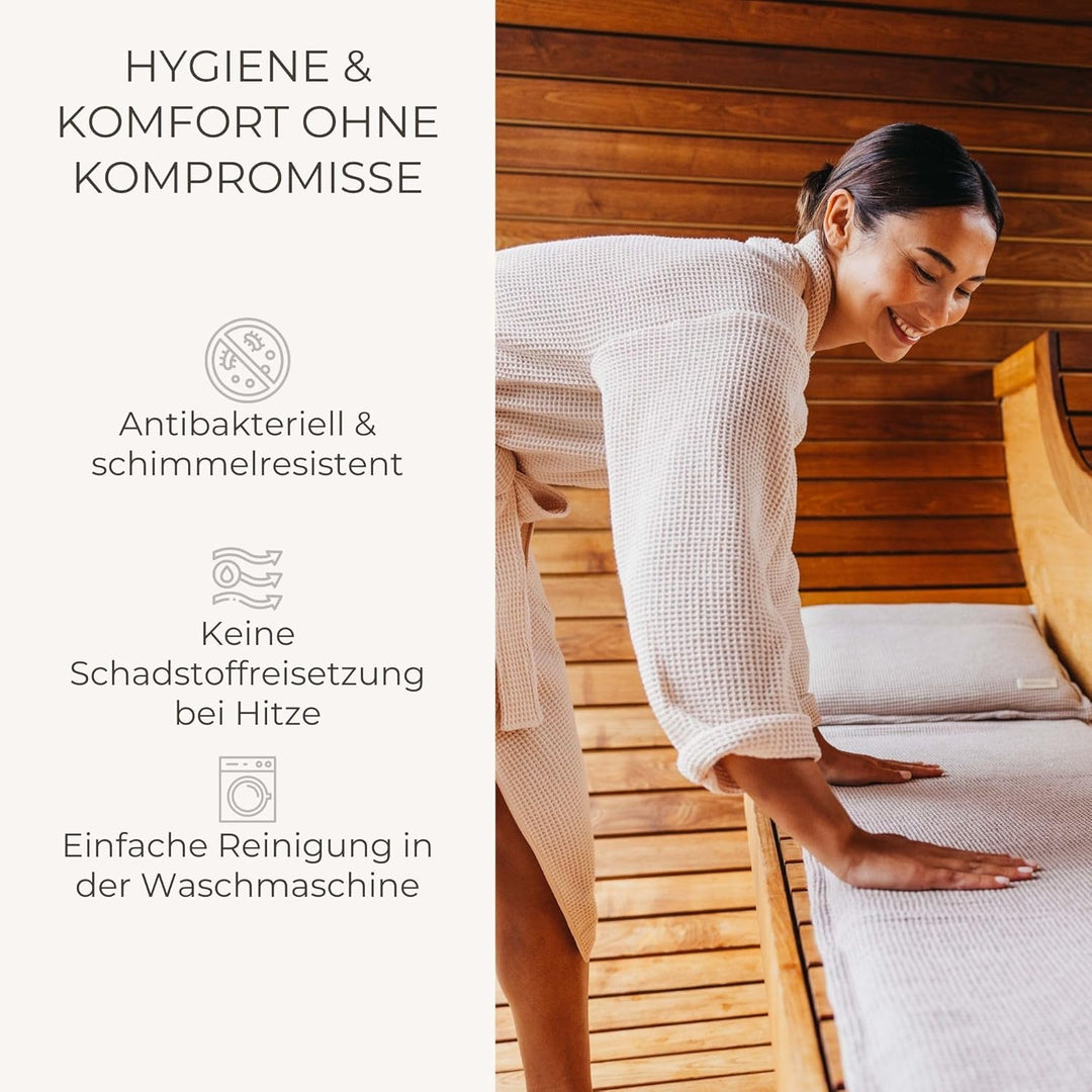 SAUNASOFA Sauna Set - Kissen 40x50 cm & Handtuch 100x200 cm aus Baumwolle - Waschbar & hitzebeständi