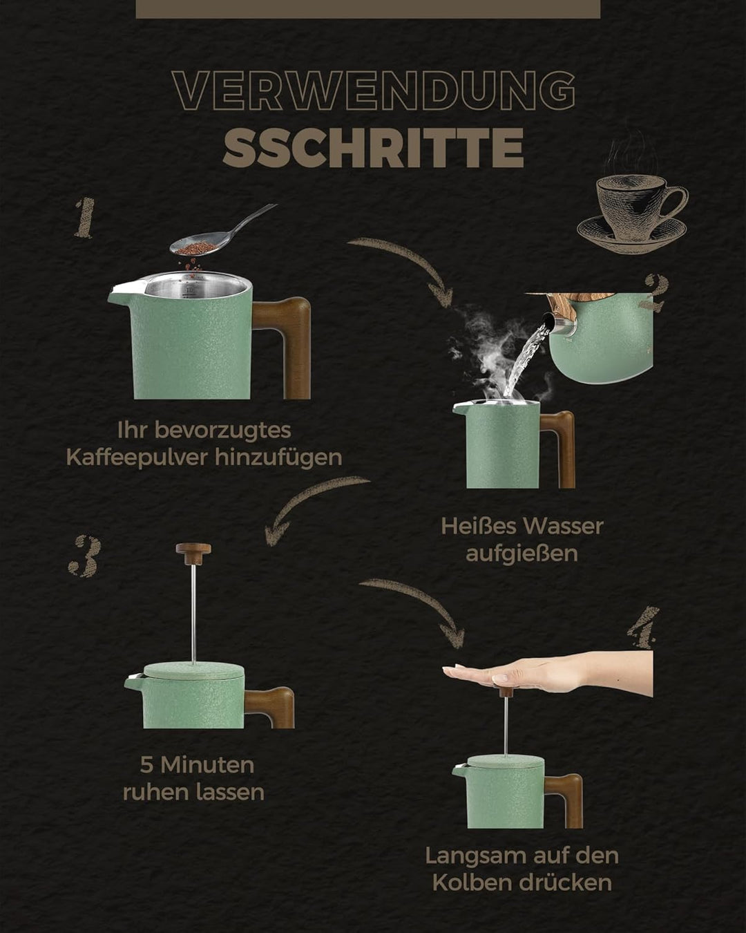 Poliviar French Press aus Edelstahl, Thermo Kaffeebereiter Doppelwandig isoliert, Kaffeebereiter 1 L
