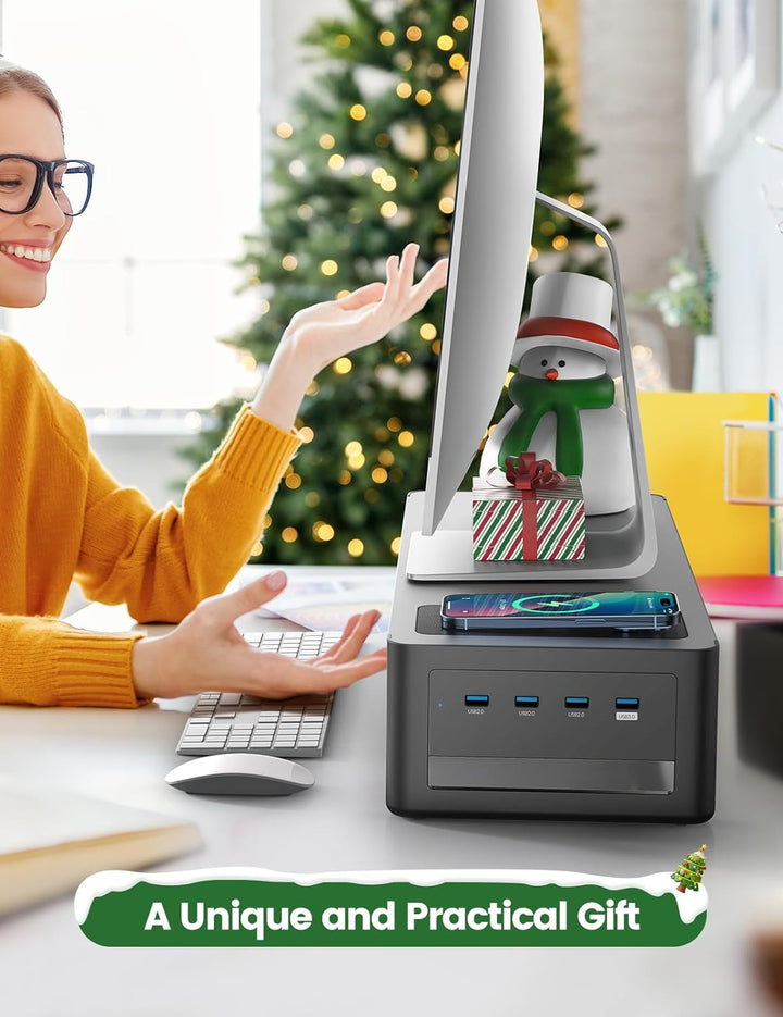 meatanty Monitorständer, 3 in 1 Monitorständer mit USB-Anschlüssen, kabellosem Ladegerät und Schubla