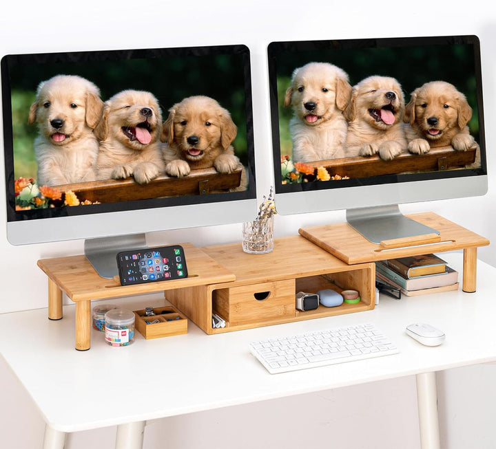 ROCDEER Bamboo Dual Monitor Regal für 2 Monitore, Monitor Stand Riser, darunter Lagerung für Schreib