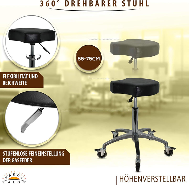 VAKON SALON - Ergonomischer Rollhocker - Premium Rollen mit Bremse - Höhenverstellbarer von 55-75 cm