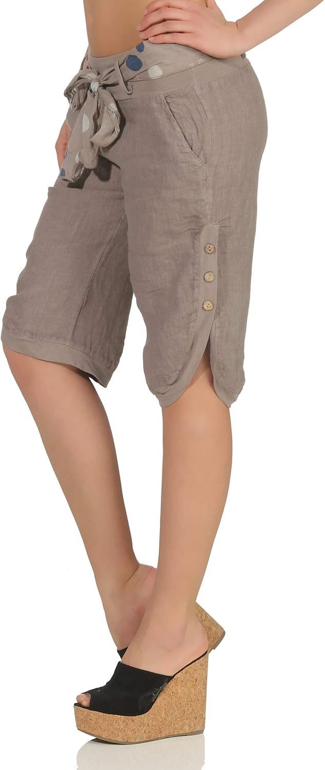 Malito Damen Kurze Hose aus Leinen | Caprihose in Unifarben | feine Freizeithose mit Gürtel | Stoffh