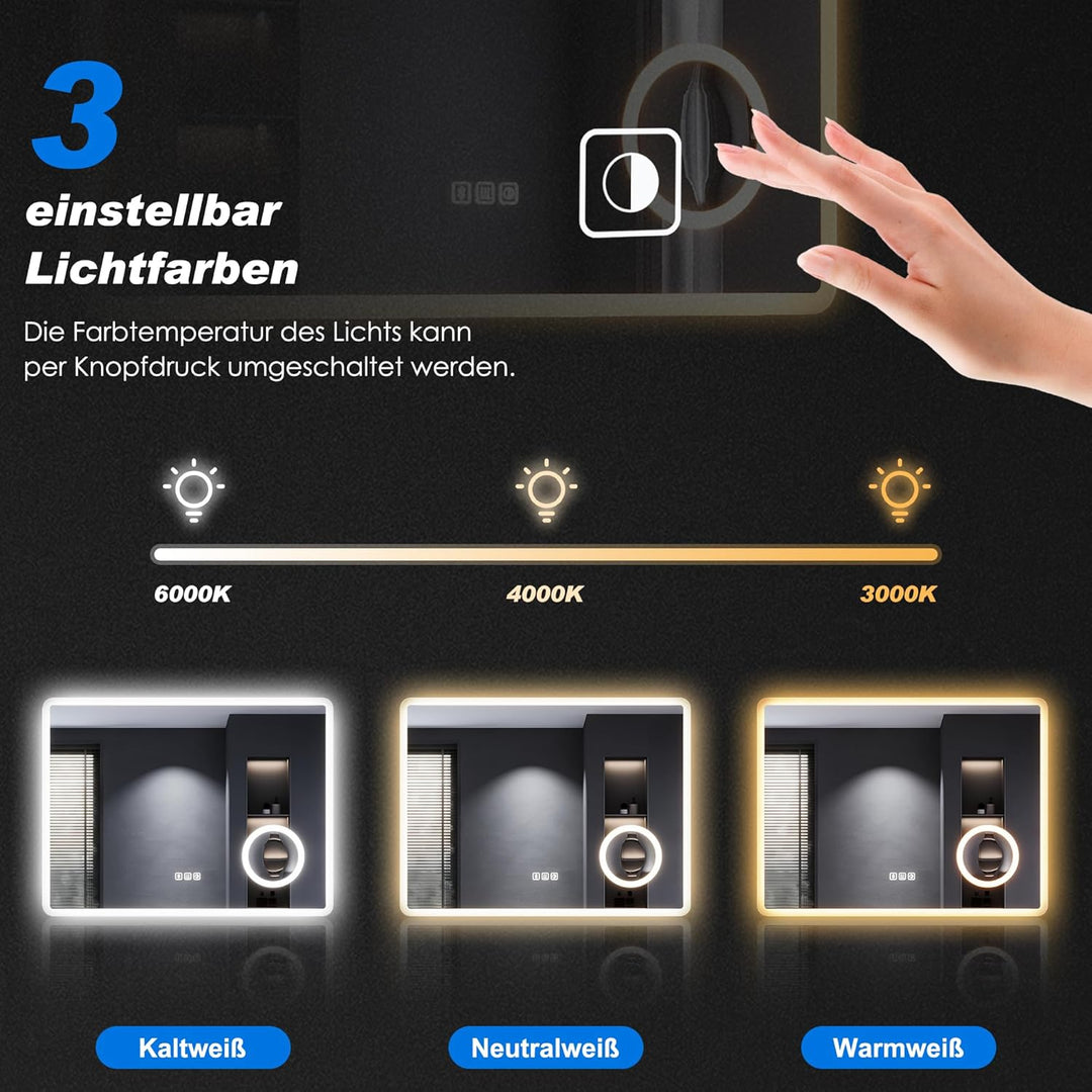 SONNI LED Badspiegel mit Bluetooth 100x60 cm, Badezimmerspiegel mit Beleuchtung und Touch, Steckdose
