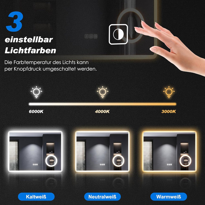 SONNI LED Badspiegel mit Bluetooth 100x60 cm, Badezimmerspiegel mit Beleuchtung und Touch, Steckdose