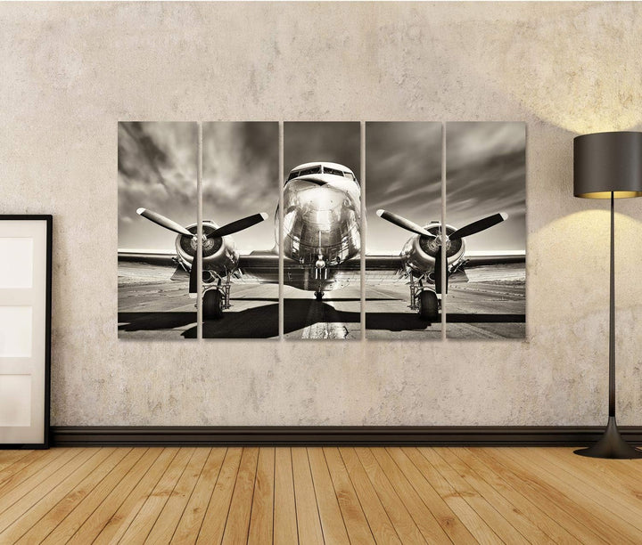 Bild Bilder auf Leinwand Retro-Flugzeug Wandbild Poster Leinwandbild TIO 170x80cm - 5 Teile XXL, 170
