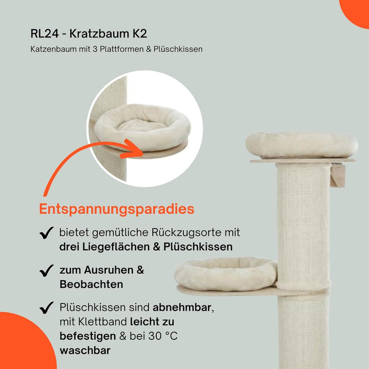 RL24 - Kratzbaum K2 – Katzenbaum mit 3 Plattformen & Plüschkissen in beige – mit Sisalteppich an der