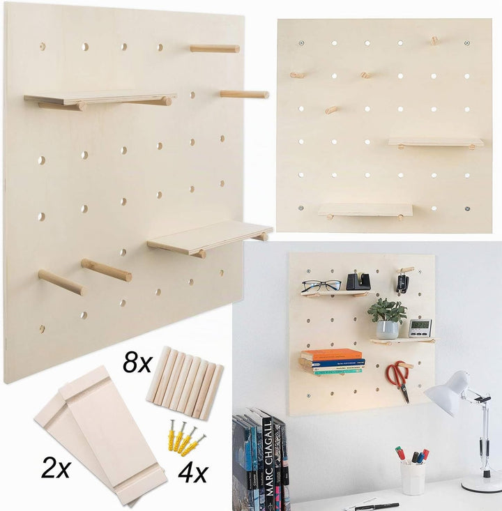 Pegboard Wandregal aus Holz Kreatives Stecktafel Ordnungssystem inkl. Zubehör Werkzeugwand 58 x 58 c