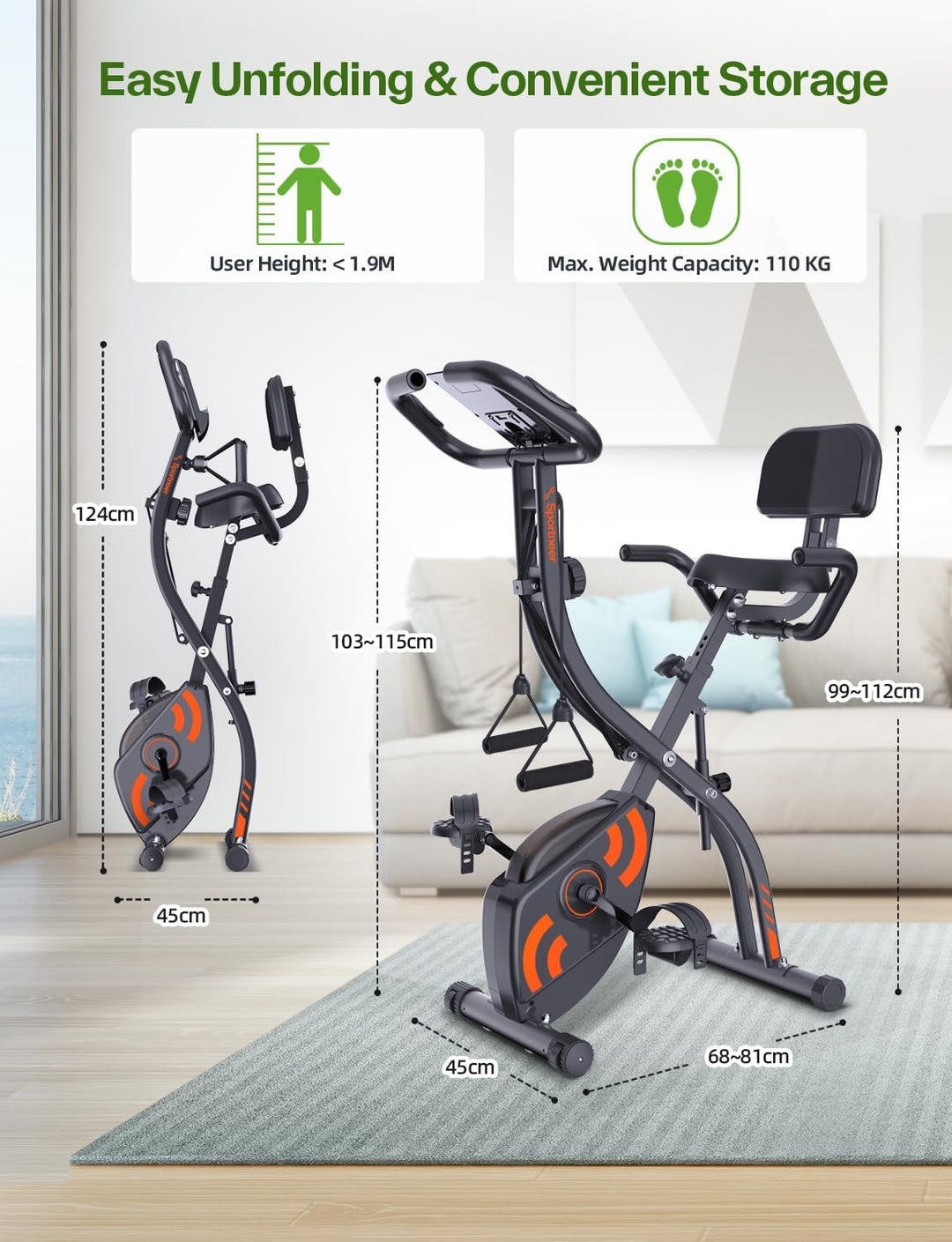 Sportneer Heimtrainer Fahrrad Klappbar, 4-in-1 Ergometer Heimtrainer, Spinning Bike Indoor mit 16 Wi