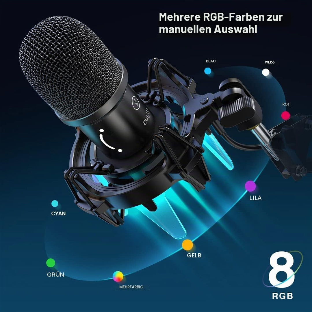 FIFINE Gaming Mikrofon PC mit Arm, 8 RGB Steuerungsmodi USB Microphone für MAC PS4 PS5, Dynamisches