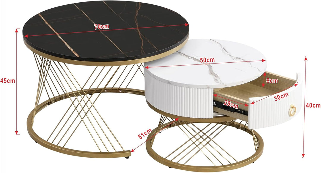 Merax Couchtisch 2er-Set, 70x70 cm+50x50 cm, Marmoroptik mit Golddekor, Beistelltisch mit Schubladen