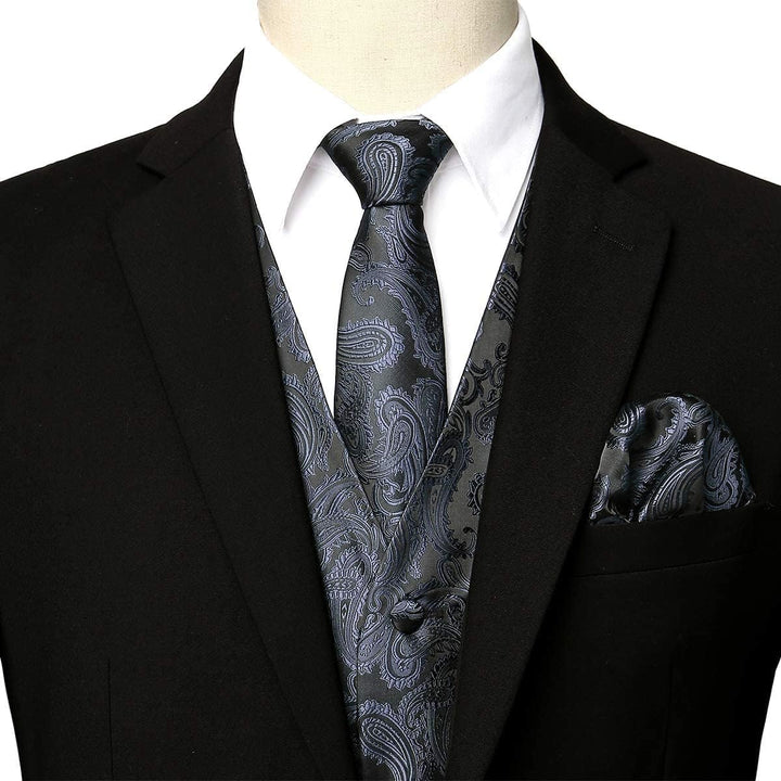 PARKLEES Klassische Herren-Weste, 3-teilig, Paisleymuster, Krawatte, Einstecktuch, Set, Hochzeit, Ab