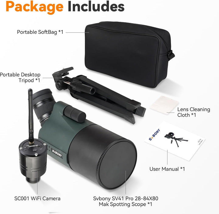 Svbony SV41Pro Mak Spektiv mit SC001 WLAN Kamera Digiscoping, 28-84X80 Mak Telescope FMC Dual Speed