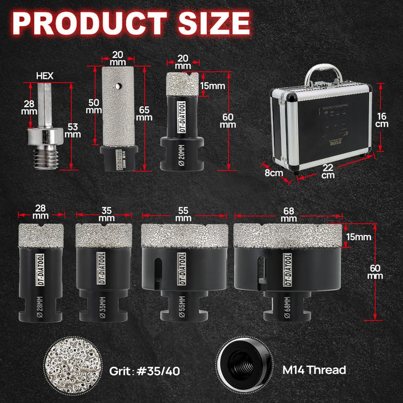 DT-DIATOOL Diamantbohrer-Set 20/28/35/55/68mm mit 20mm Fingerbohrer und Sechskantadapter für Fliesen