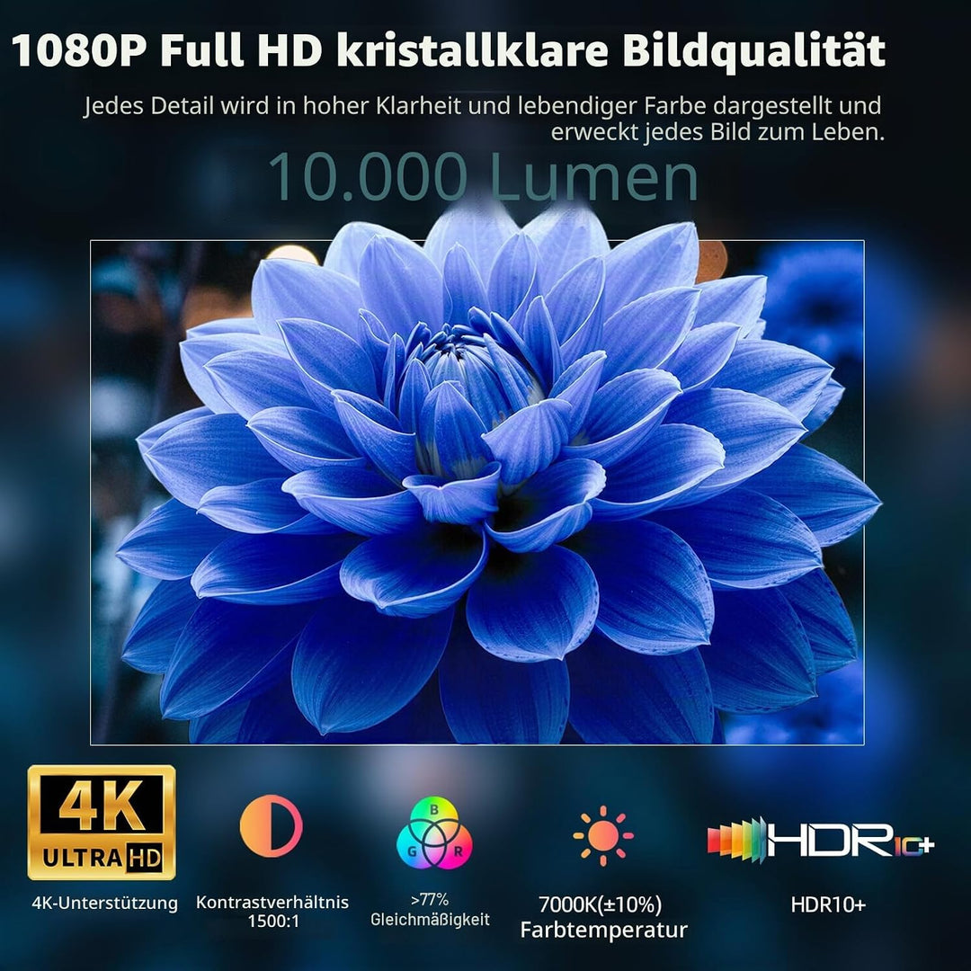 Bettdow 4K Mini Beamer [Netflix Official], Full HD 1080P Drehbar Projektor, Autofokus/Trapezkorrektu