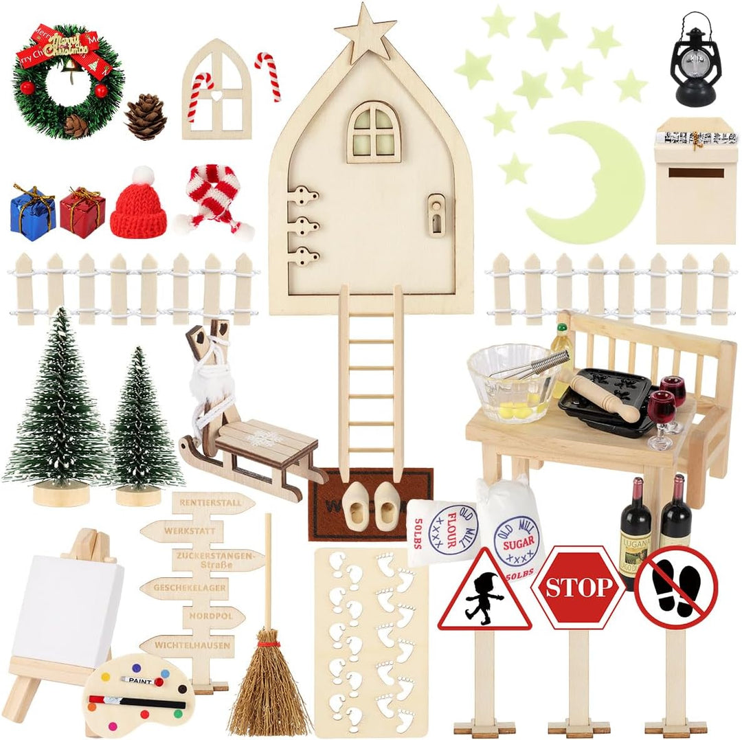 WILDPARTY 64Pcs Wichteltür Zubehör Weihnachten mit Briefen, Miniatur Feentür Leuchtend Komplettset,