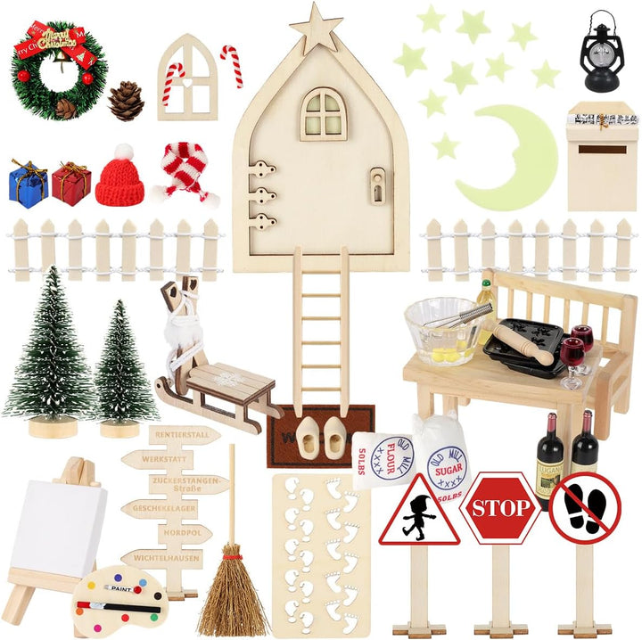 WILDPARTY 64Pcs Wichteltür Zubehör Weihnachten mit Briefen, Miniatur Feentür Leuchtend Komplettset,