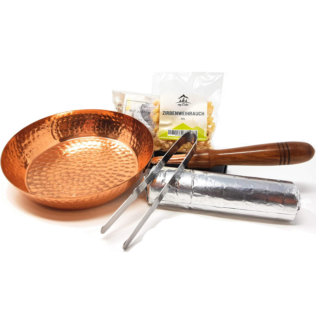 myZirbe Räucherpfanne Set 5 teilig - Kupfer Räuchergefäss zum Räuchern von Weihrauch, Harzen, inkl.