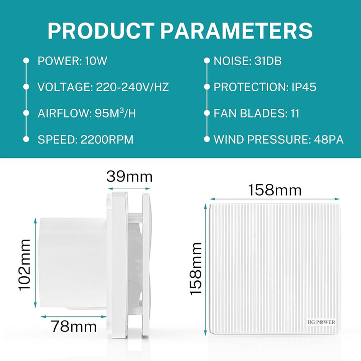HG Power Badlüfter 100mm, Abluftventilator mit Feuchtigkeitssensor Leise mit Timer IP45 Badezimmerlü