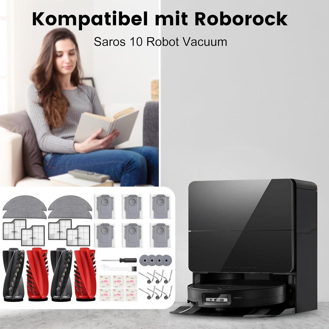 36 Stück Zubehör für Roborock Saros 10 Saugroboter, Ersatzteil Set | 4 Hauptbürsten, 4 Filter, 4 Hal