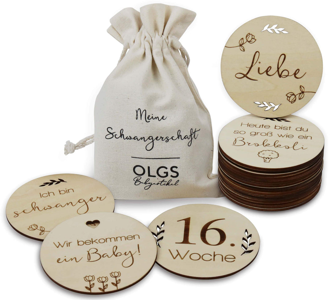 OLGS Holz Baby Meilensteinkarten 40 Meilensteine inkl. Stoffbeutel | Geschenkidee für werdende Mütte