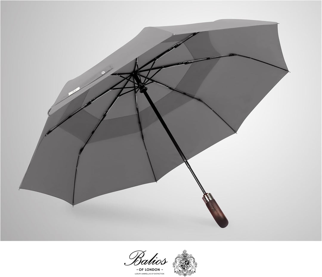 Balios® Regenschirm mit echtem Holzgriff | Auf Zu Automatik | Sturmfest & Windsicher | Damen & Herre