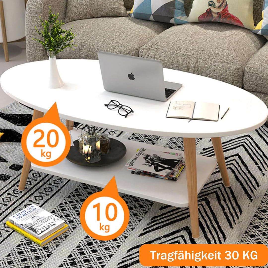 Anmas Power Doppelschicht Couchtisch, Weiss Beistelltische Holz,Wohnzimmertisch Oval,Tischbeine aus
