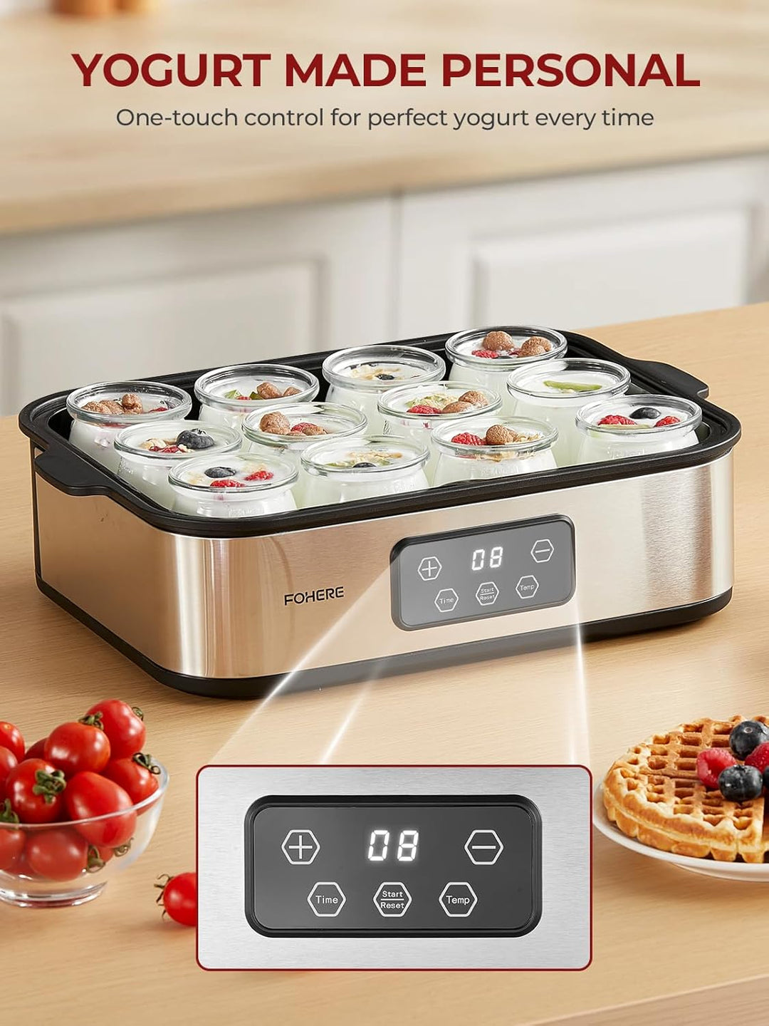 FOHERE Joghurtbereiter 25W inkl. 12 Glasbehälter à 180 ml für bis 2,16L Selbstgemachten Joghurt, Gri