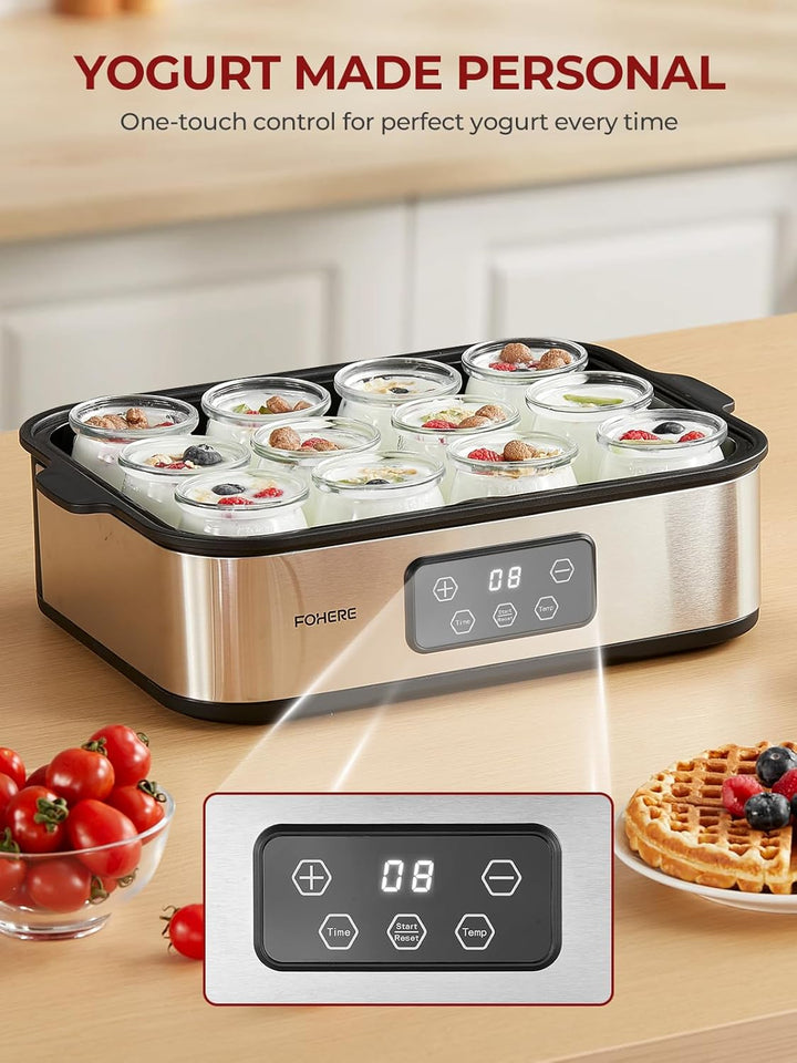 FOHERE Joghurtbereiter 25W inkl. 12 Glasbehälter à 180 ml für bis 2,16L Selbstgemachten Joghurt, Gri