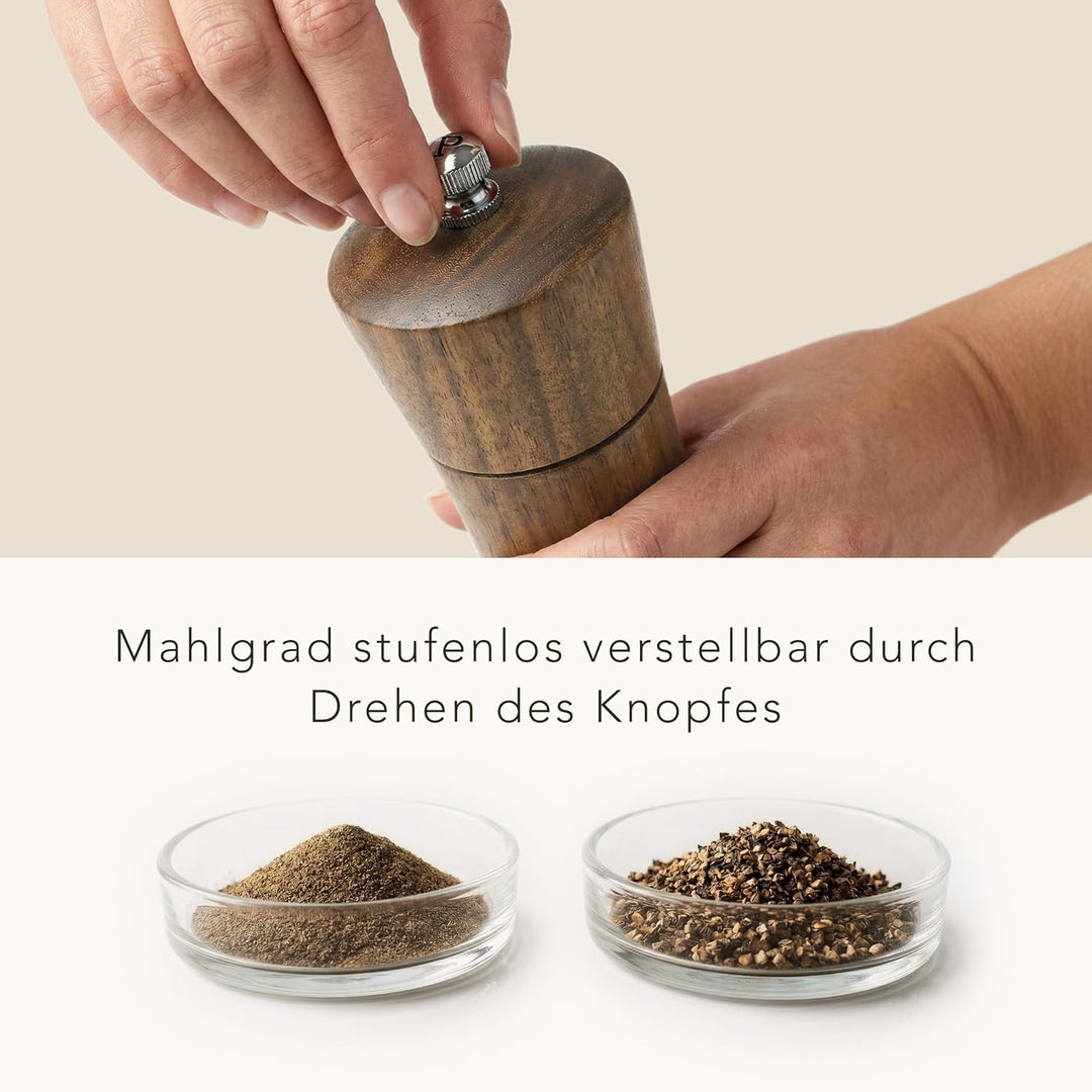 ElbFuchs Salz und Pfeffermühle Holz Set aus Akazienholz mit Untersetzer, 2 grosse Gewürzmühlen stufe