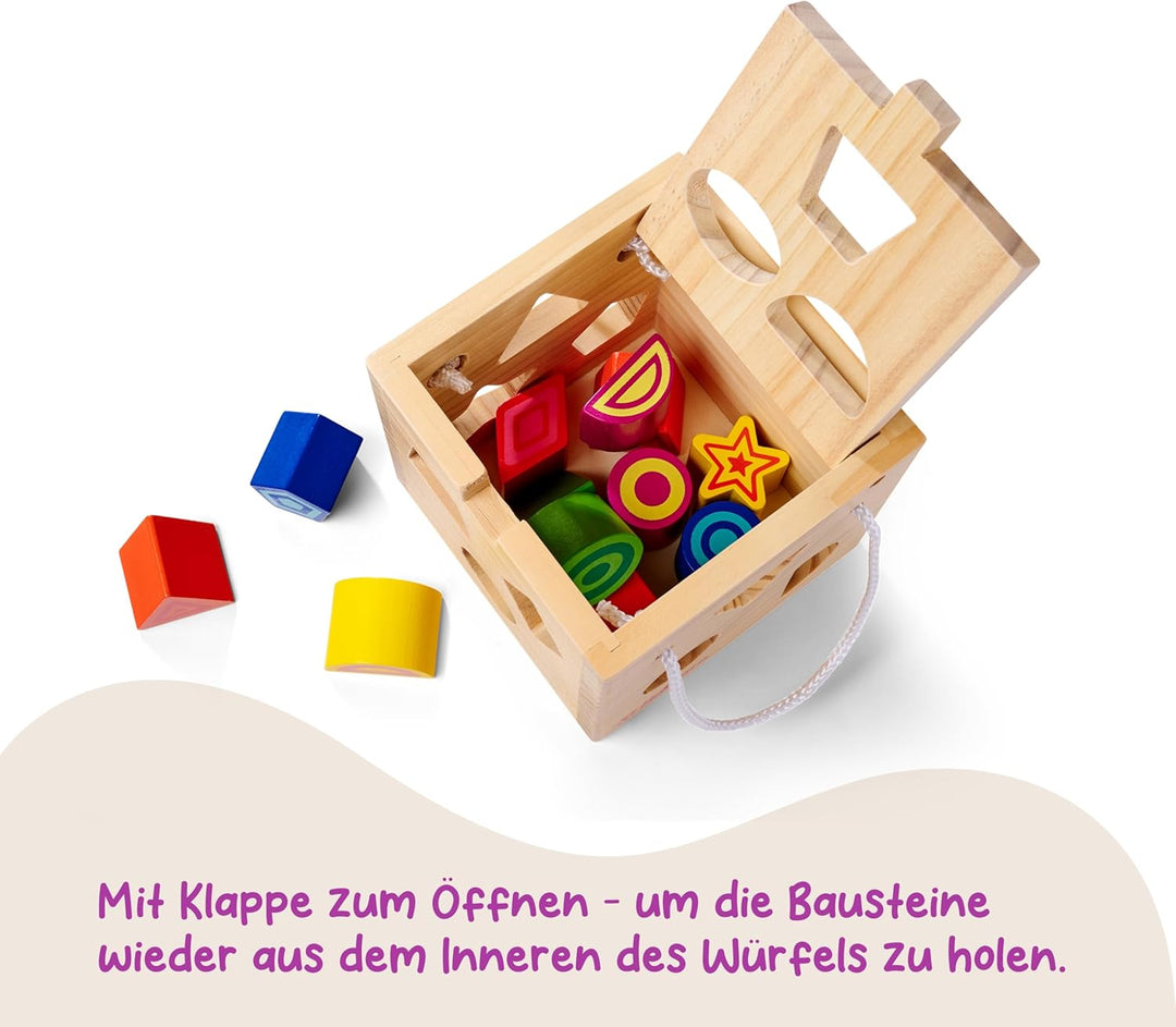 Eichhorn 100002092 Steckwürfel aus Holz, Kiefernholz, Motorikwürfel mit 12 Steckbausteinen, Holzspie