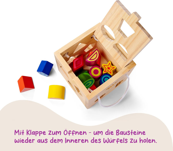 Eichhorn 100002092 Steckwürfel aus Holz, Kiefernholz, Motorikwürfel mit 12 Steckbausteinen, Holzspie
