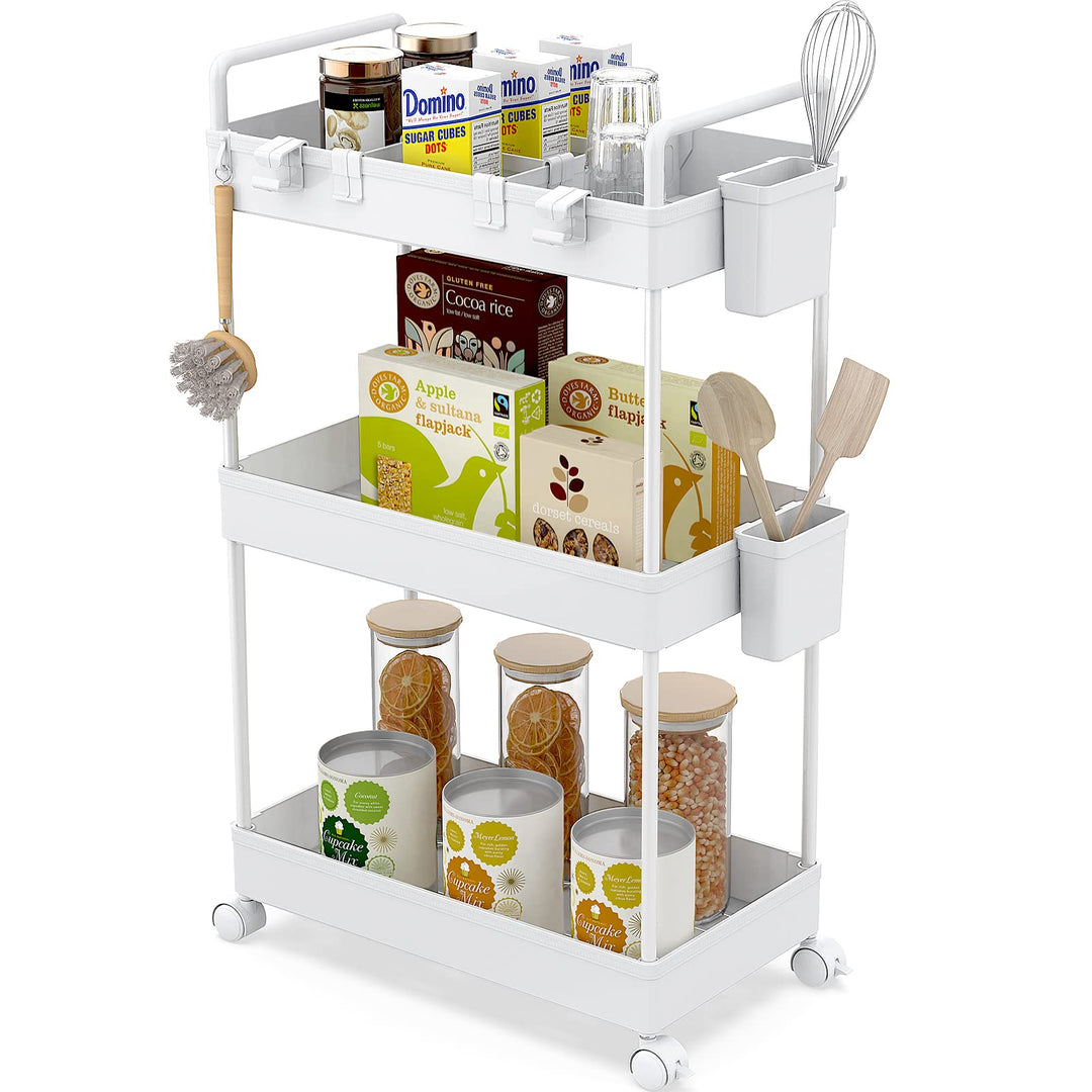 Ronlap Rollwagen Küchewagen mit 3 Ebenen, Servierwagen mit Aufhängebecher, Separator, Haken, Regal a