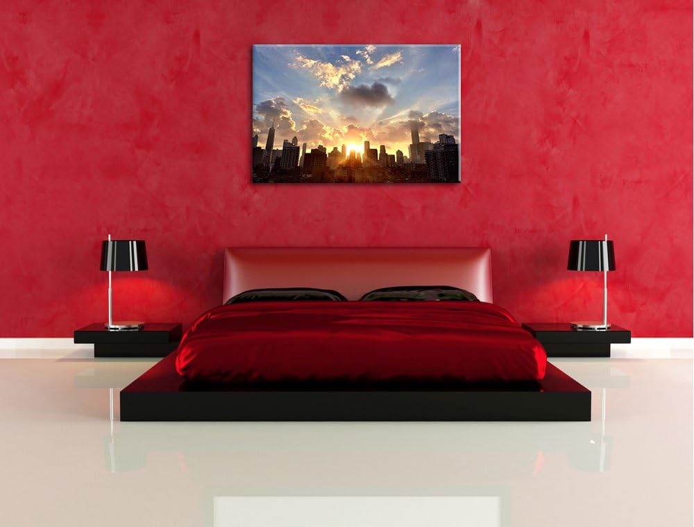 Chicago Skyline im Sonnenaufgang Format: 100x70 auf Leinwand, XXL riesige Bilder fertig gerahmt mit