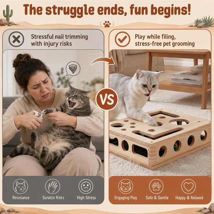 Katzen Kratzpuzzle 2-in-1 Nagelfeilen Box mit Sandpapier, Interaktives Katzenspielzeug Holz für Stre