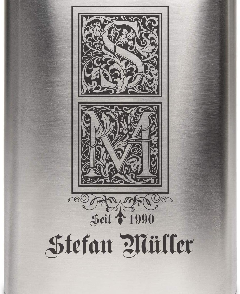 Edelstahl Flachmann 237 ml 8 oz Geschenk mit individueller Gravur - Verzierte Initialen, Verzierte I