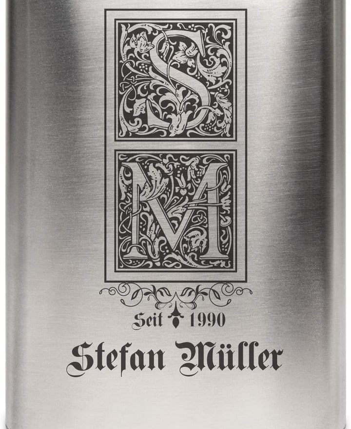 Edelstahl Flachmann 237 ml 8 oz Geschenk mit individueller Gravur - Verzierte Initialen, Verzierte I
