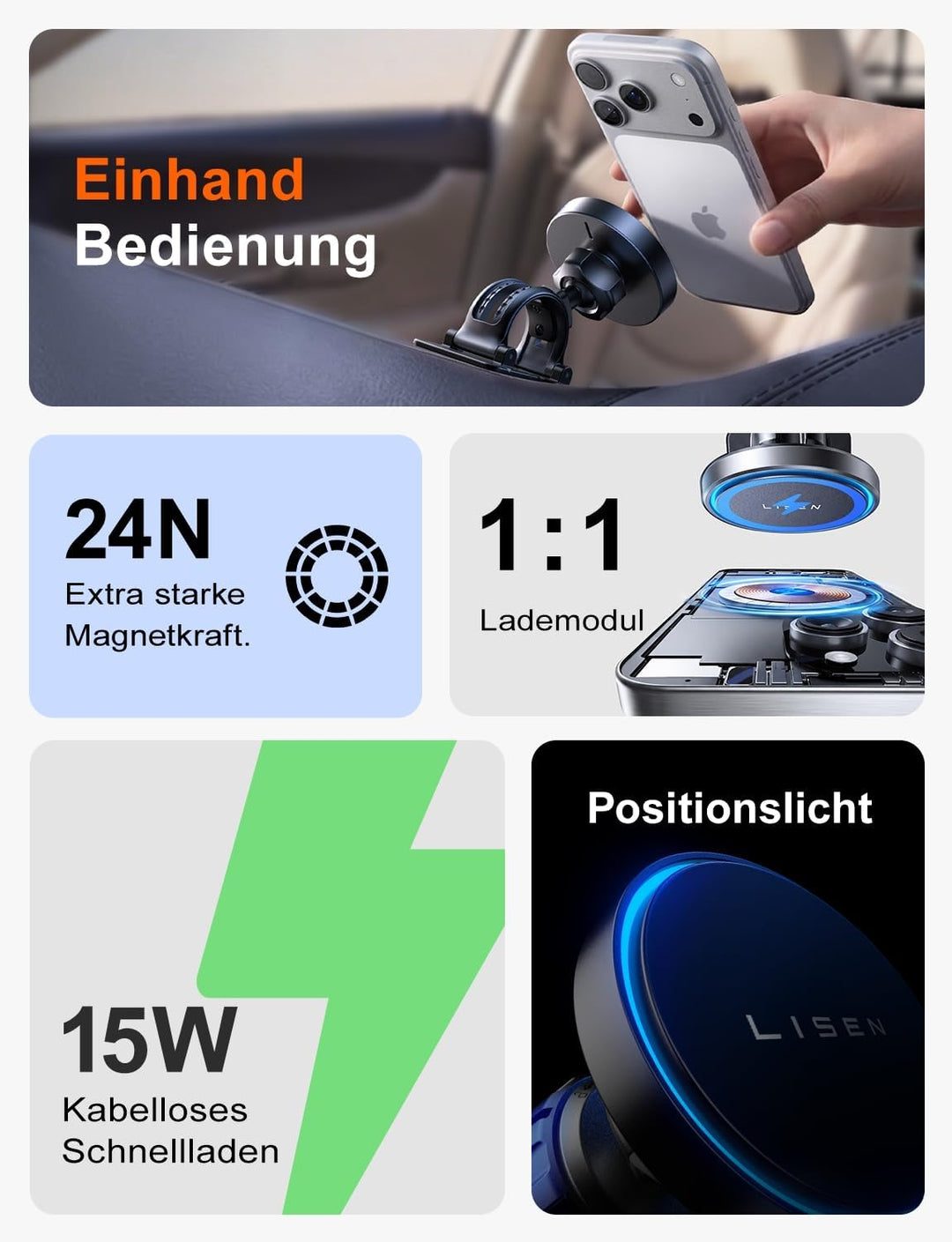 LISEN für Magsafe Autohalterung 15W Handyhalterung Auto mit Ladefunktion Handy Halterung Auto Magsaf
