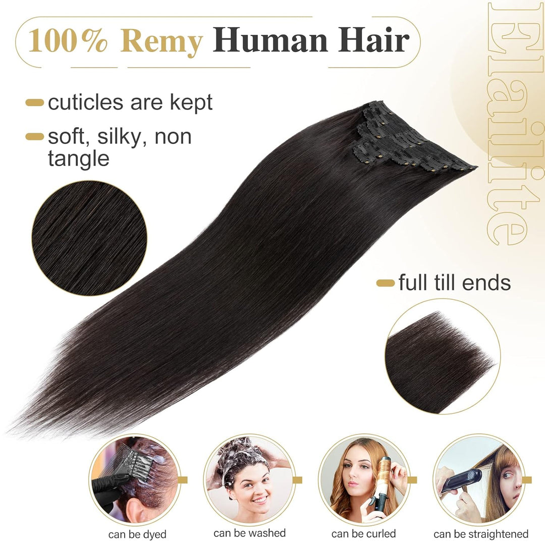 Elailite Extensions Echthaar Clip in 8 Tressen Voller Kopf #1B Naturschwarz Haarverlängerung Real Hu