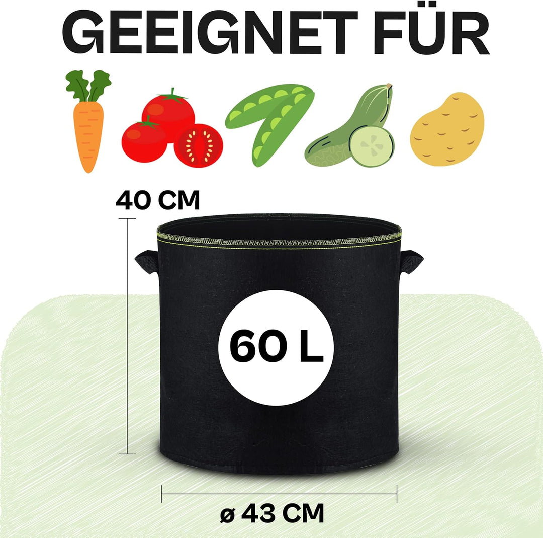 Praknu Pflanzsack 60l - 3 Kartoffelsack Gross aus Vliesstoff mit Pflanzenstecker zum Beschriften -mi