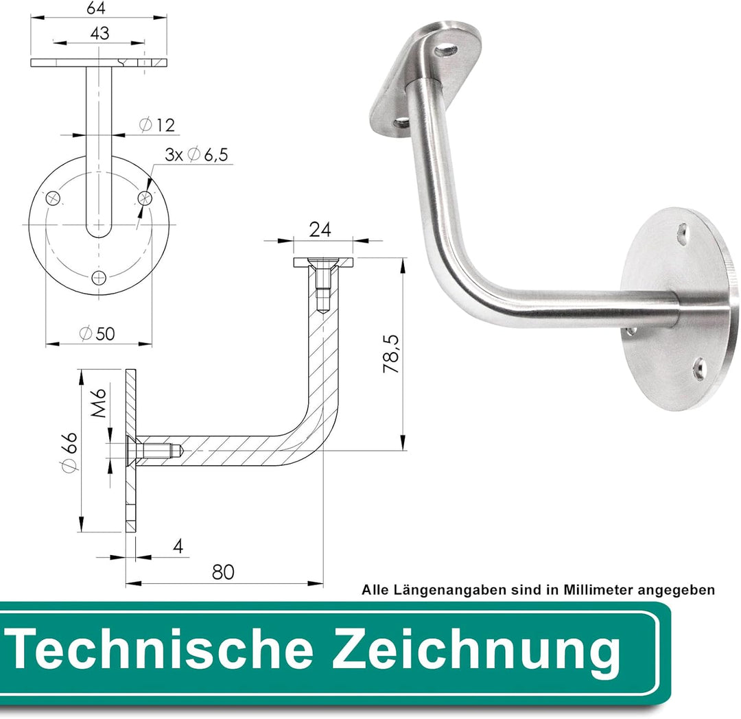 PRIOstahl Handlaufhalter Handlauf Wandhalter Handlaufstütze - 4 x Handlaufträger Flach an die Wand z