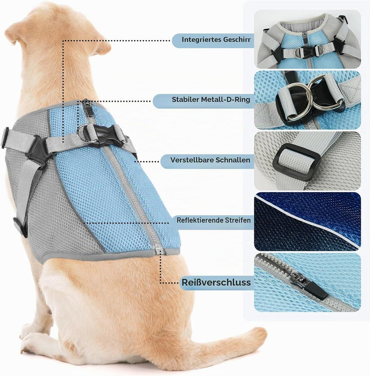 Kühljacke Hund mit Geschirr, Atmungsaktiv Hundekühlweste Kühlendes Hundegeschirr Dog Cooling Vest, H