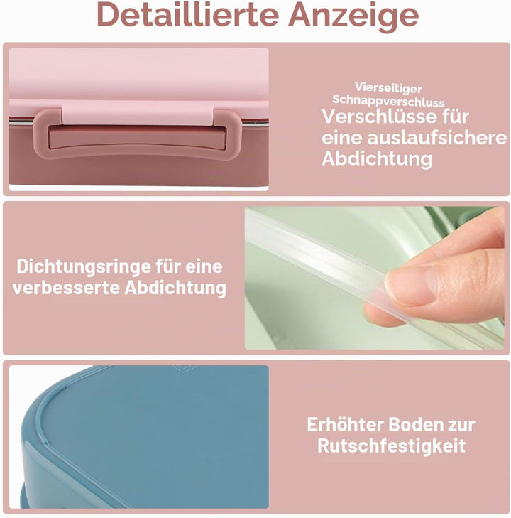 Tissting Edelstahl Lunchbox 4-Fach Tragbarer Lebensmittelbehälter mit Silikondichtung 1500ml für Stu