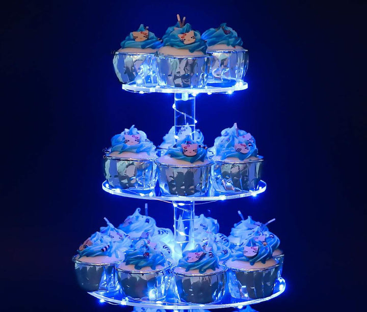 3 Etagen Cupcake Ständer, Blau LED Lichterkette de Tortenständer Acryl für Hochzeit, Party, Geburtst