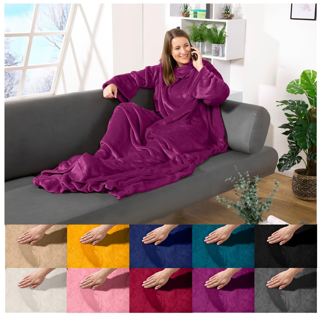 heimtexland ® Ärmeldecke TV Kuscheldecke mit Ärmeln Taschen Fusssack Super Soft Flanell tragbare Dec
