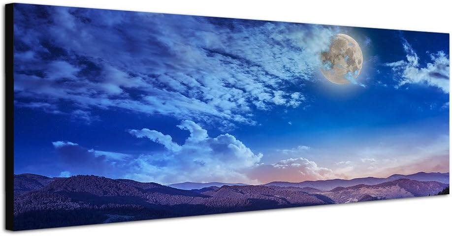 Paul Sinus Art Panoramabild auf Leinwand und Keilrahmen 150x50cm Berge Wiesen Wolkenschleier Nacht V
