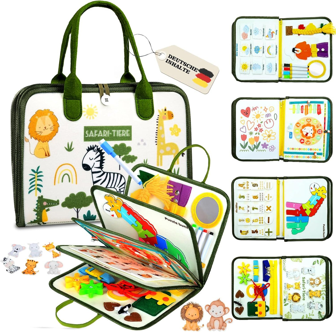 Almaxi Busy Board Deutsch Montessori Spielzeug ab 3 Jahre, 8 in 1 Montessori Spielzeug Activity Boar